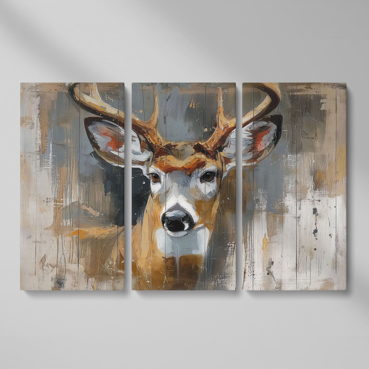 Stag Portrait Canvas Art, Painterly Antler Close-Up Wall Print as 3-panel split version