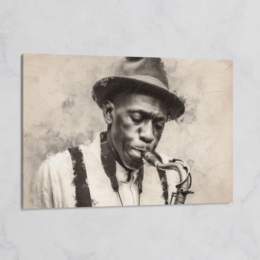 Saxophone Man in Fedora: Jazz Portrait Canvas Wall Art on gallery wrap