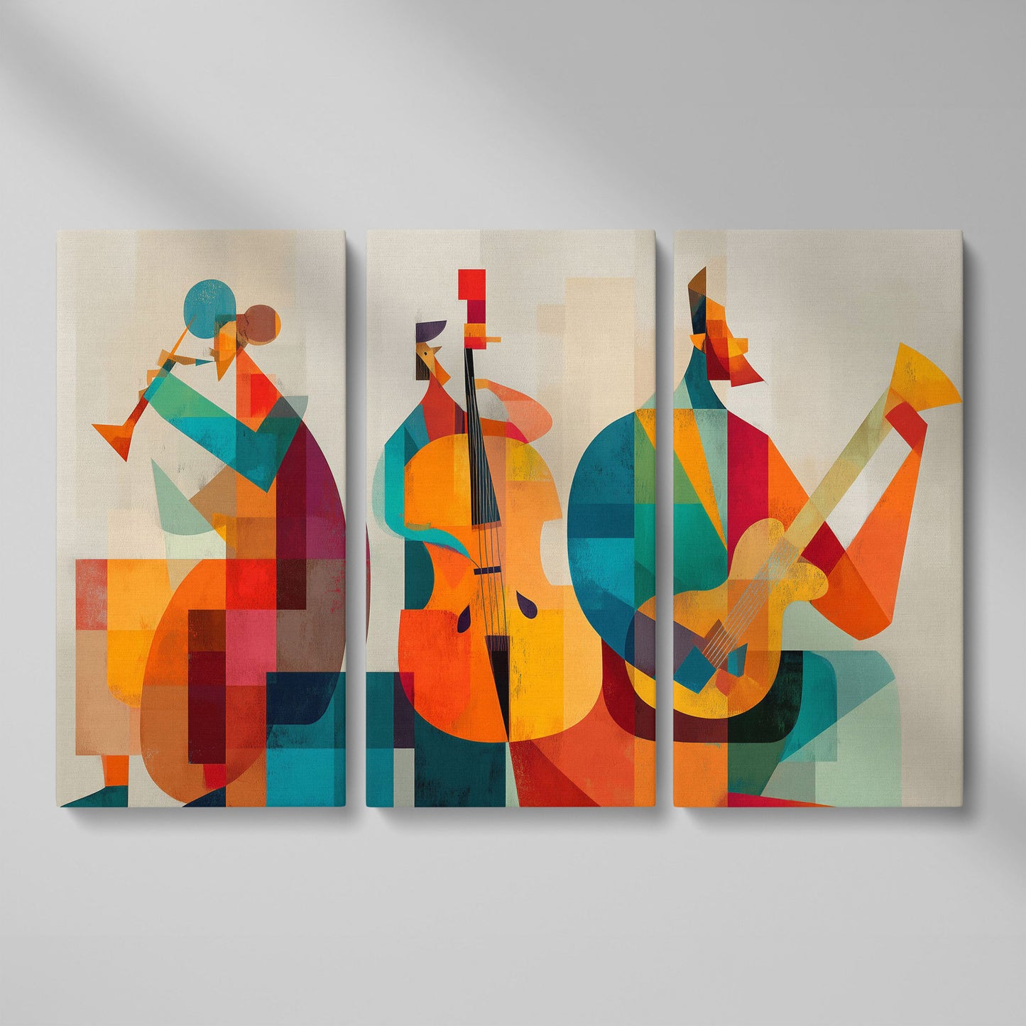Jazz Trio in Motion: Trumpet, Cello and Guitar Abstract Canvas as 3-panel split version