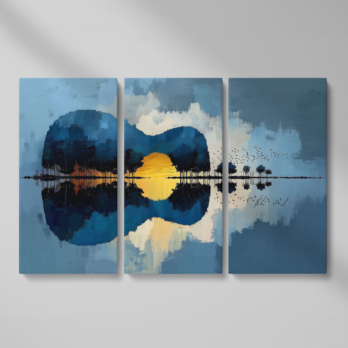 Guitar Landmass Sunset Canvas Art with Water Reflection as 3-panel split version