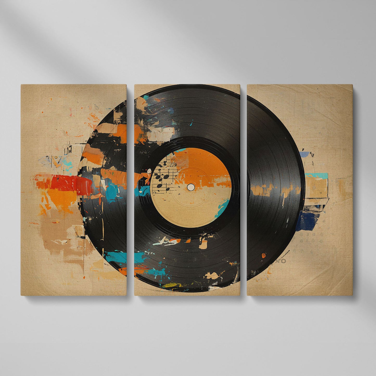 Vinyl Record Abstract Canvas Art for Music Lovers as 3-panel split version