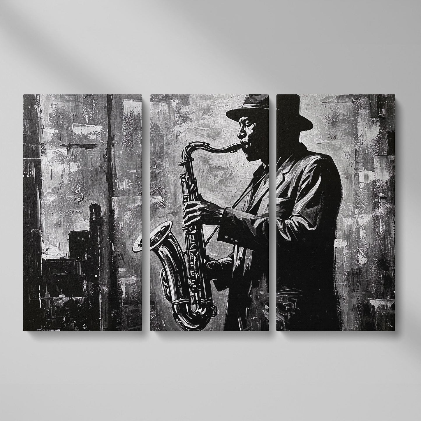 Jazz Saxophonist Silhouette Canvas Wall Art, Music Studio Decor as 3-panel split version