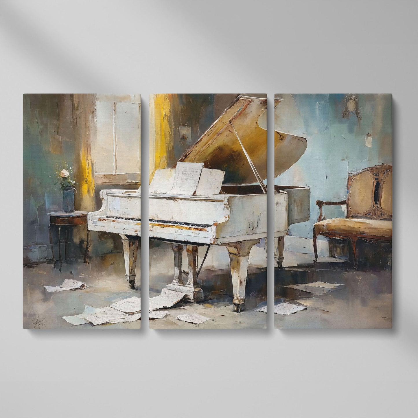 White Grand Piano with Sheet Music Canvas Wall Art as 3-panel split version