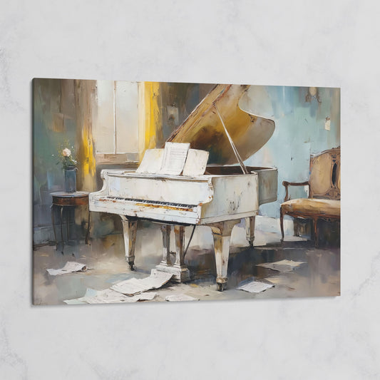 White Grand Piano with Sheet Music Canvas Wall Art on gallery wrap