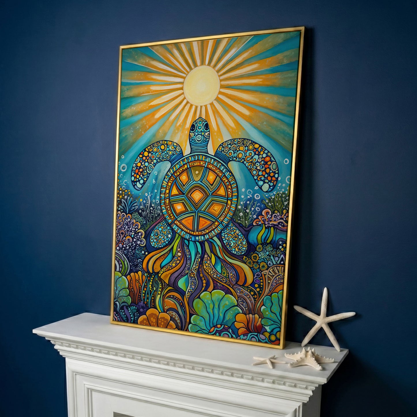 Sea Turtle Canvas Art, Coral Reef Ocean Print for Coastal Rooms in yellow gold floating frame
