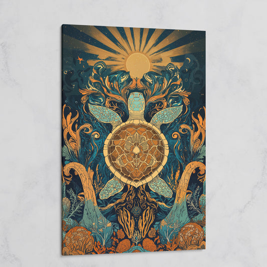 Sea Turtle with Sunburst Ocean Canvas Wall Art on gallery wrap