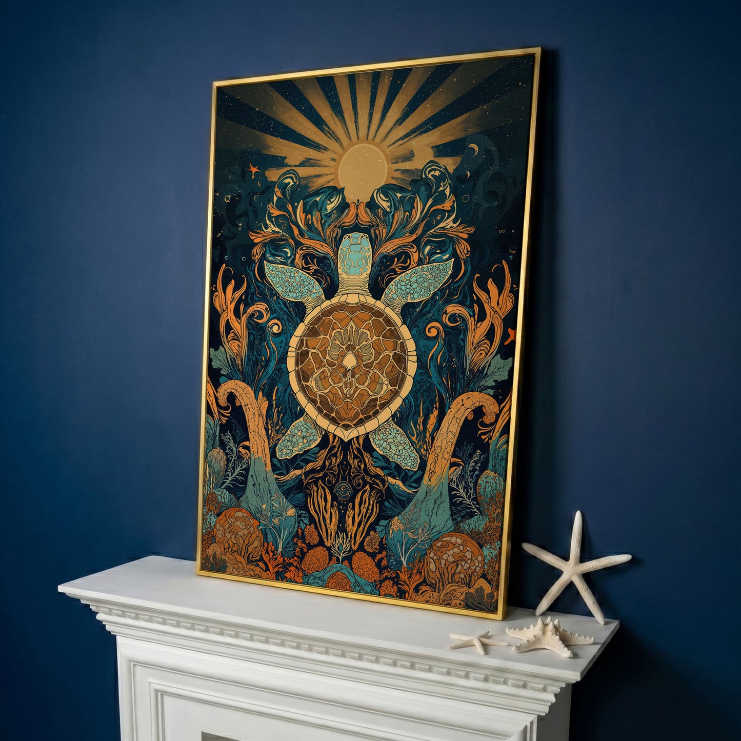 Sea Turtle with Sunburst Ocean Canvas Wall Art in yellow gold floating frame
