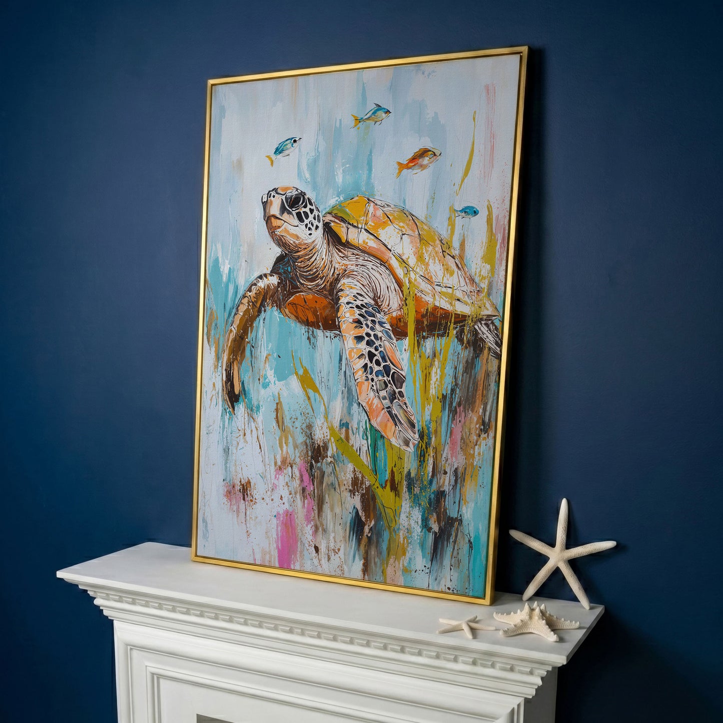 Sea Turtle Underwater Canvas Wall Art. Portrait Print in yellow gold floating frame