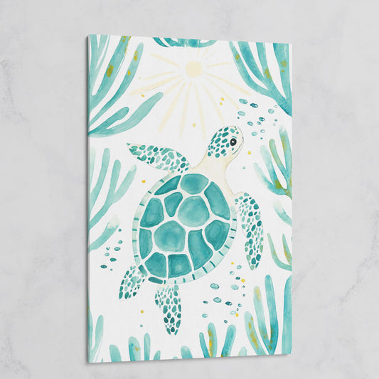 Sea Turtle and Coral Canvas Wall Art, Ocean Life Portrait Print on gallery wrap