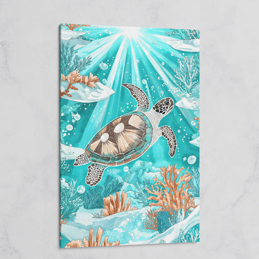 Sea Turtle Underwater Canvas Art, Coral and Sunlight Scene on gallery wrap