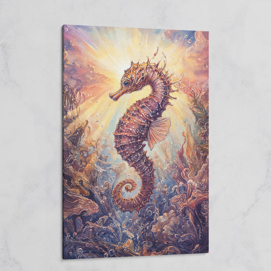 Seahorse Canvas Wall Art. Coral and Light Underwater Scene on gallery wrap