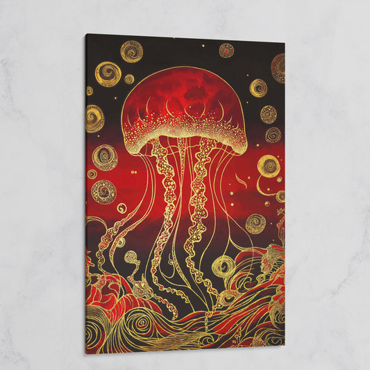 Red and Gold Jellyfish Canvas Art with Swirling Ocean Waves on gallery wrap