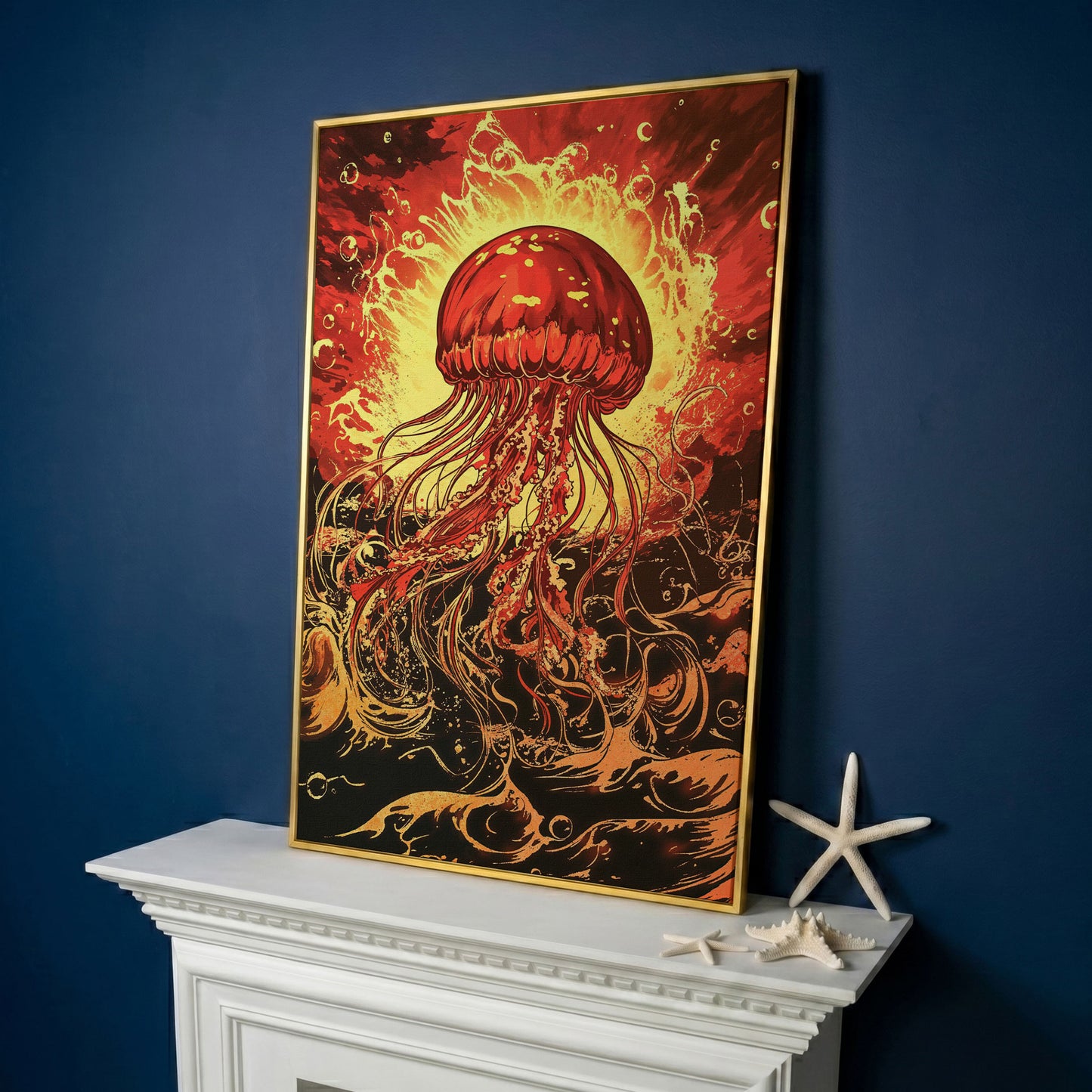 Jellyfish Canvas Wall Art, Flowing Tentacles Ocean Print in yellow gold floating frame