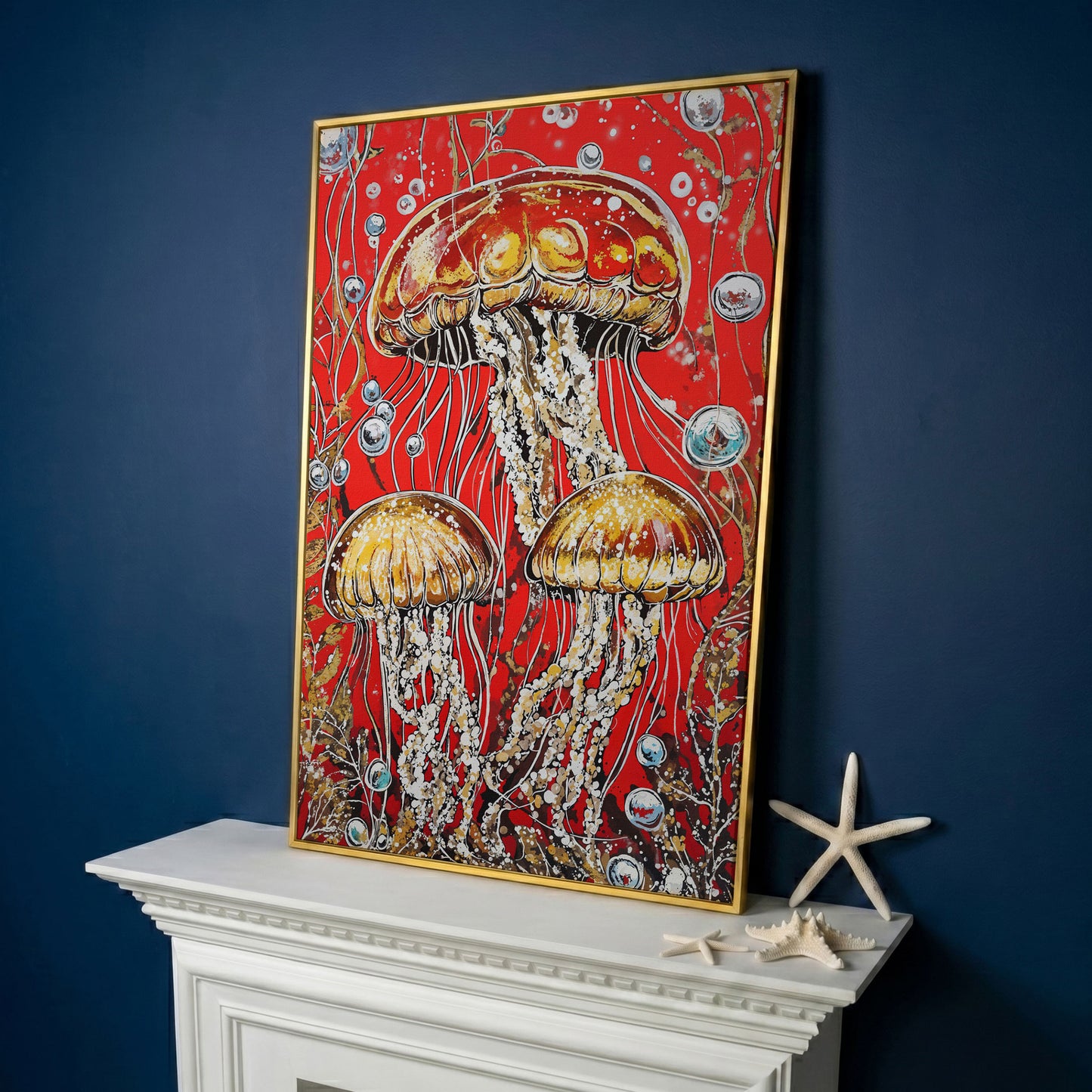 Jellyfish on Red. Underwater Canvas Wall Art in yellow gold floating frame