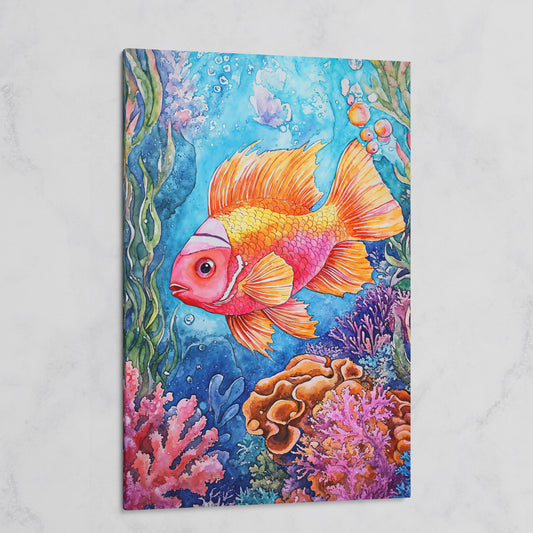 Whimsical Coral Reef Fish Canvas Art, Vibrant Underwater Portrait on gallery wrap