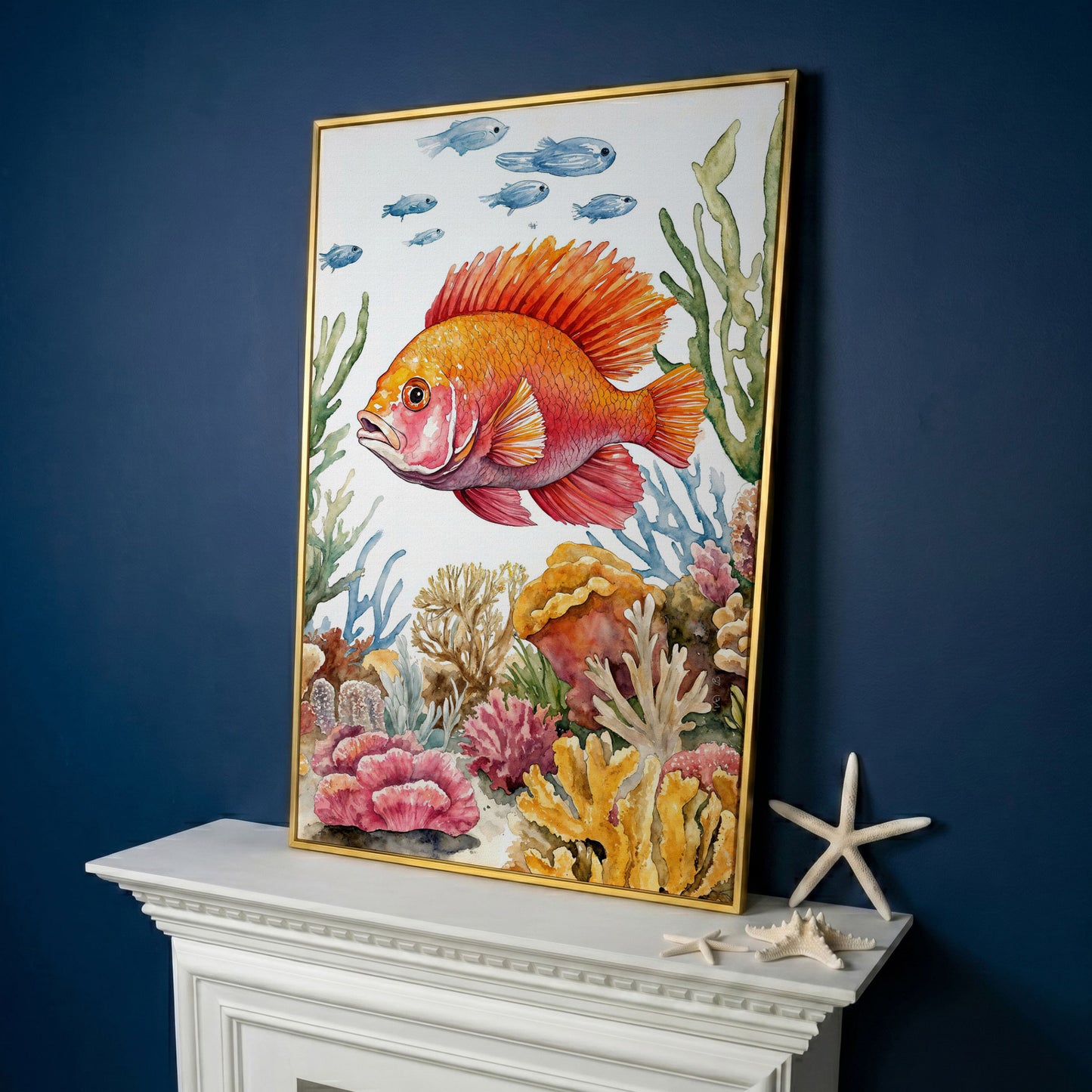 Tropical Fish and Coral Reef Canvas Wall Art in yellow gold floating frame