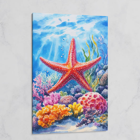 Coral Reef Starfish Canvas Art, Underwater Ocean Scene on gallery wrap