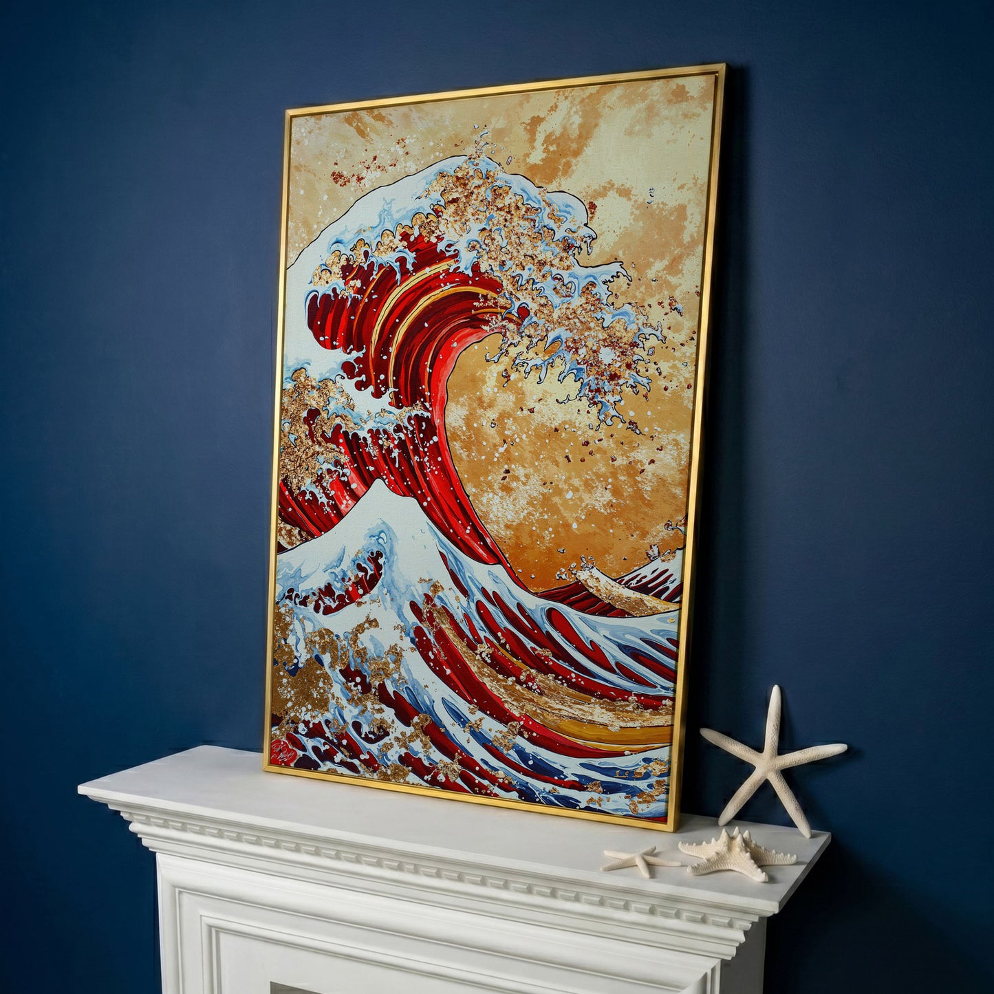 Modern Great Wave Canvas Art in Red and Gold in yellow gold floating frame