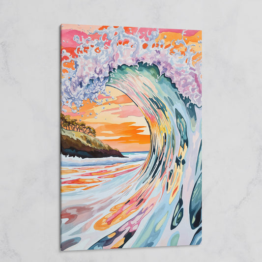 Curling Ocean Wave at Sunset. Coastal Canvas Wall Art on gallery wrap