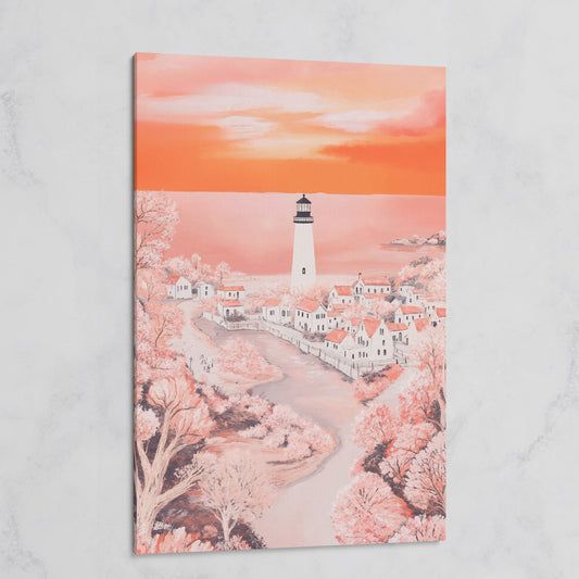 Lighthouse at Sunset, Coastal Town Canvas Wall Art on gallery wrap