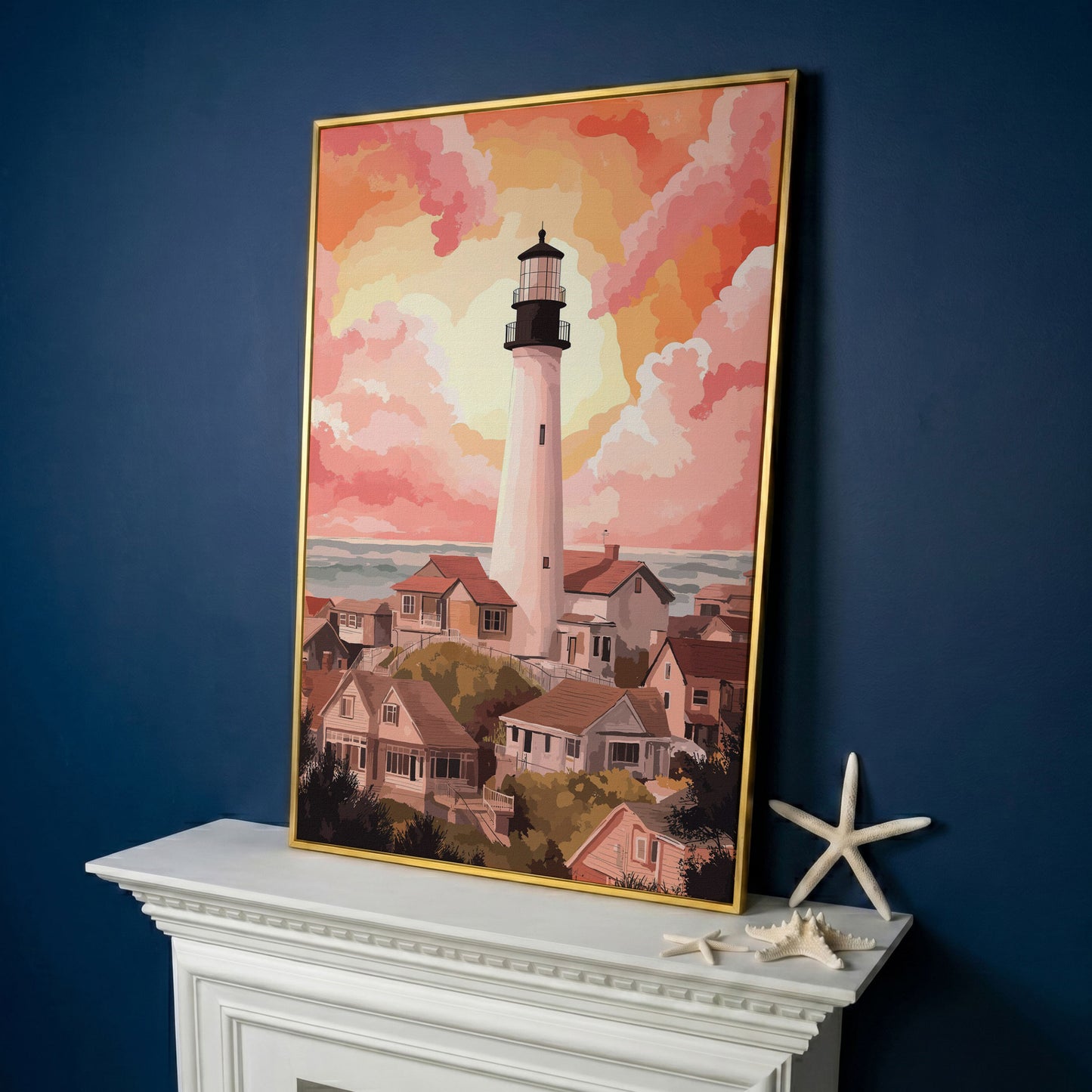 Coastal Village Lighthouse Canvas Art, Warm Sky Tones in yellow gold floating frame