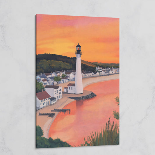 White Lighthouse at Sunset, Coastal Canvas Wall Art on gallery wrap