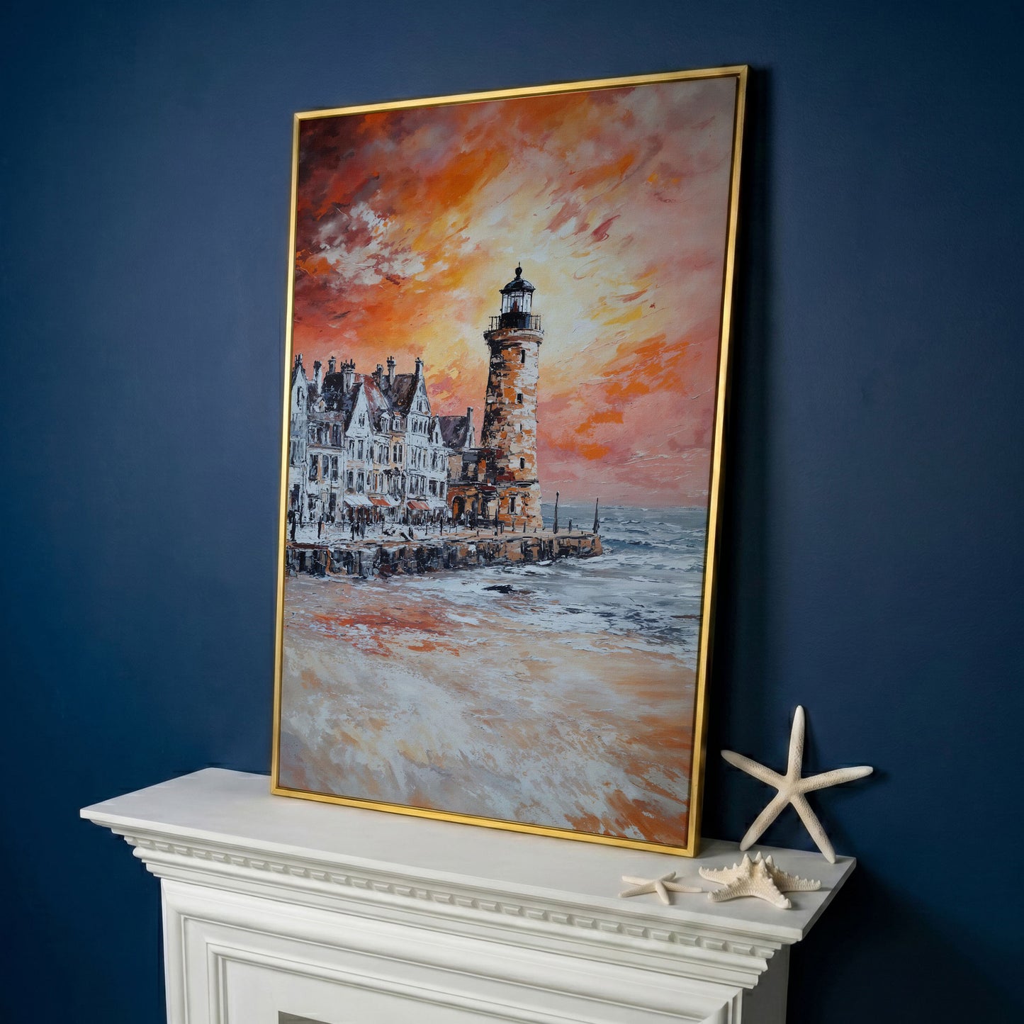 Lighthouse at Sunset Canvas Art, Coastal Harbor Scene in yellow gold floating frame