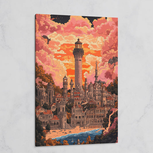 Surreal Lighthouse Cityscape Canvas Art, Fantasy Coastal Sunset on gallery wrap