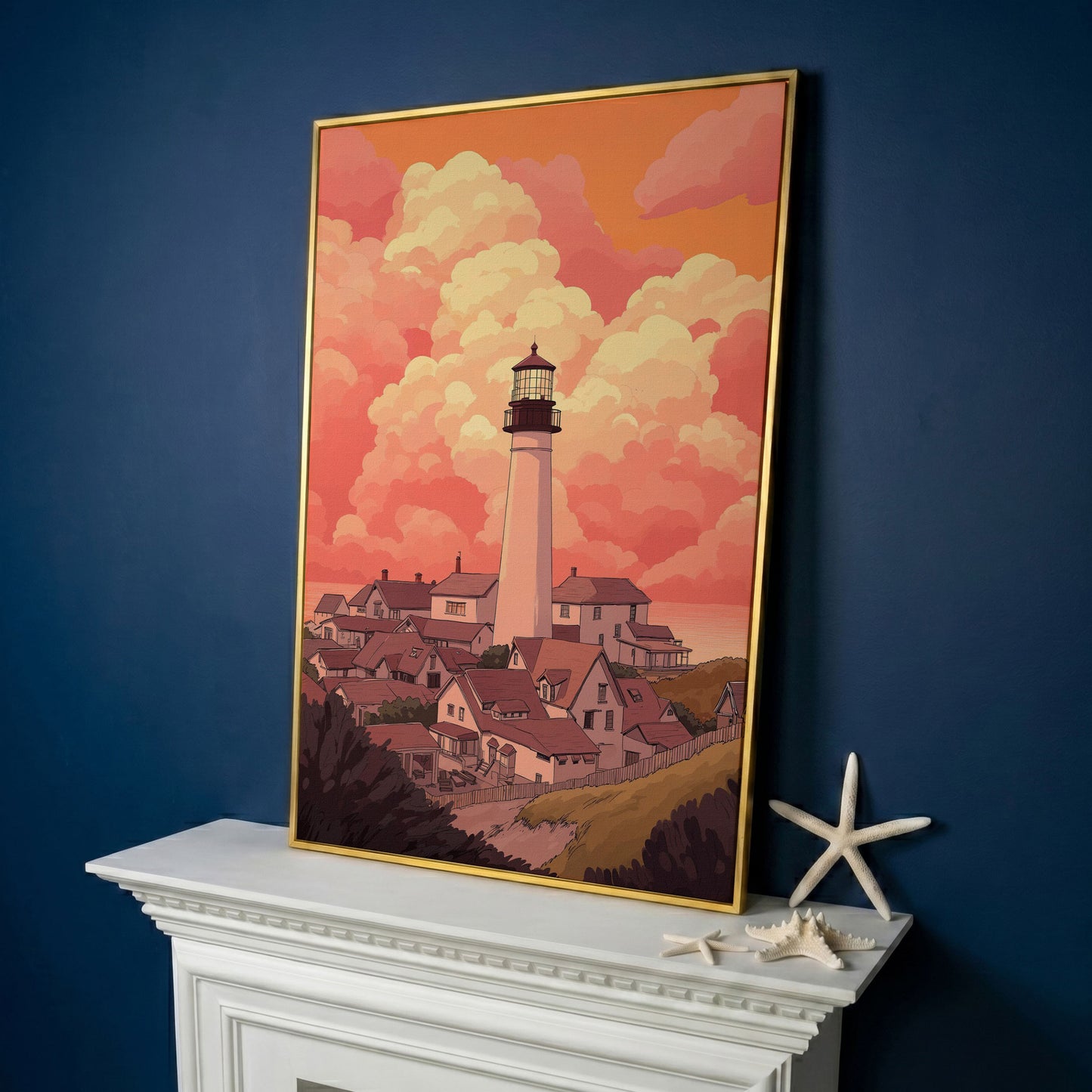 Lighthouse at Sunset Canvas Print, Coastal Wall Art in yellow gold floating frame