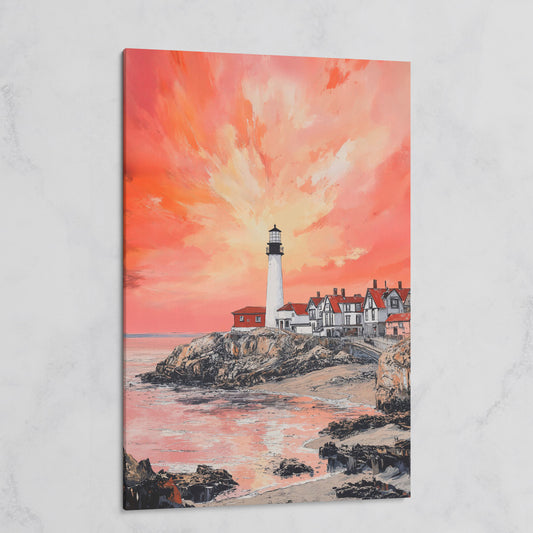 Lighthouse at Sunset on Rocky Cliff. Coastal Canvas Art on gallery wrap
