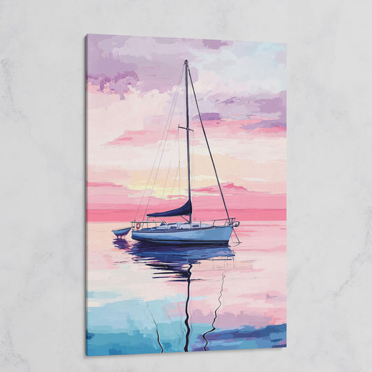 Sailboat at Sunrise Canvas Art, Calm Water Pastel Sky on gallery wrap
