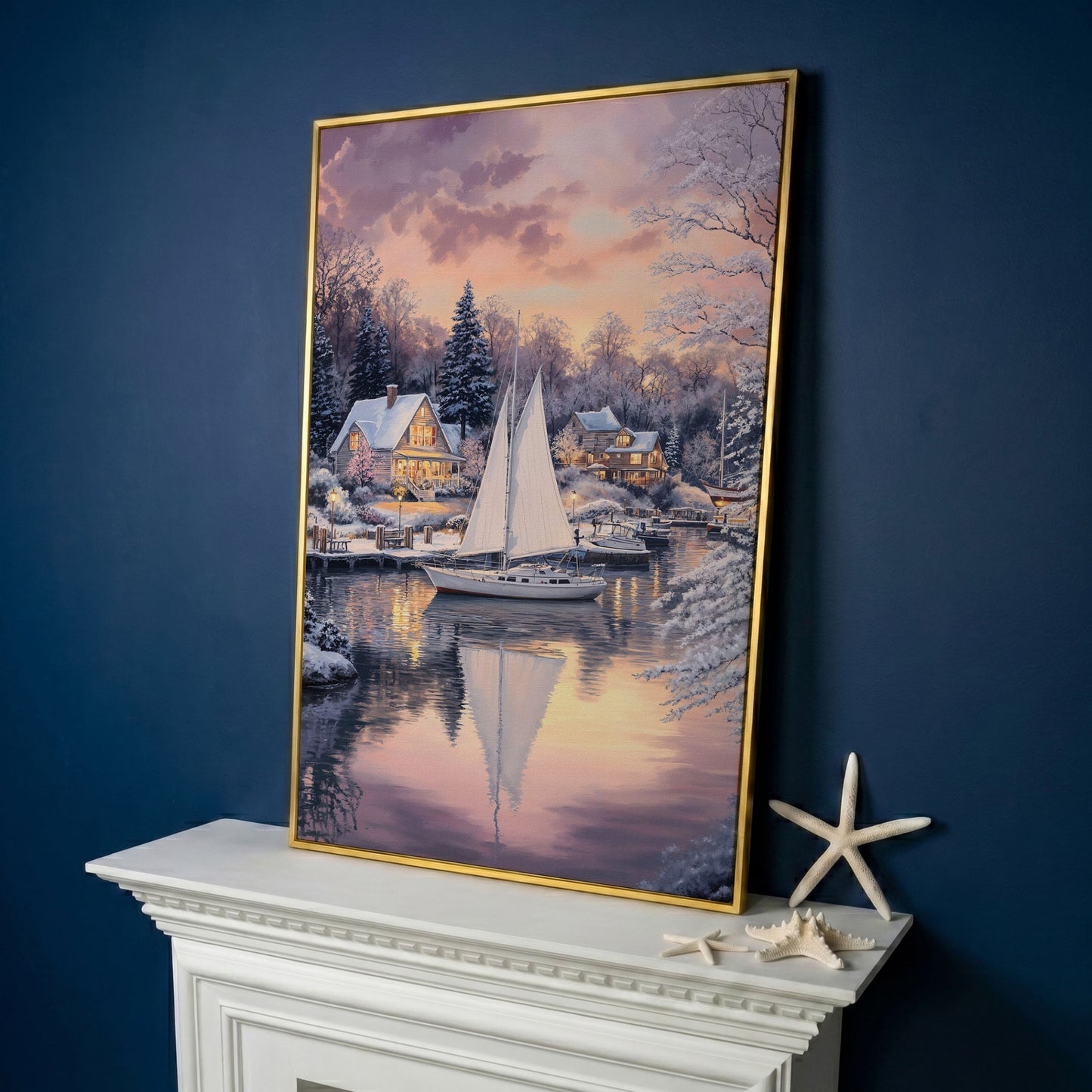 Winter Harbor Sailboat Canvas Art, Snowy Coastal Scene in yellow gold floating frame