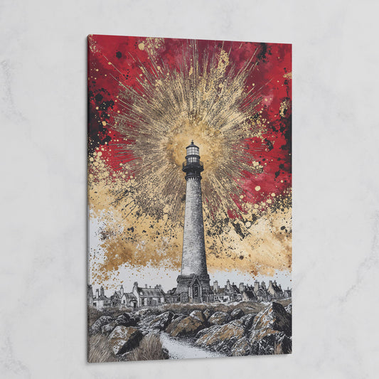 Lighthouse and Coastal Village Canvas Art, Portrait Wall Piece on gallery wrap