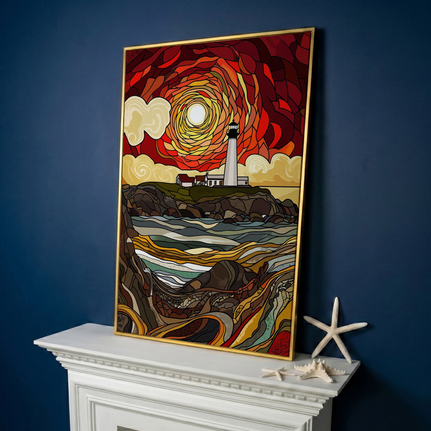 Lighthouse on a Rocky Coast Canvas Print in yellow gold floating frame