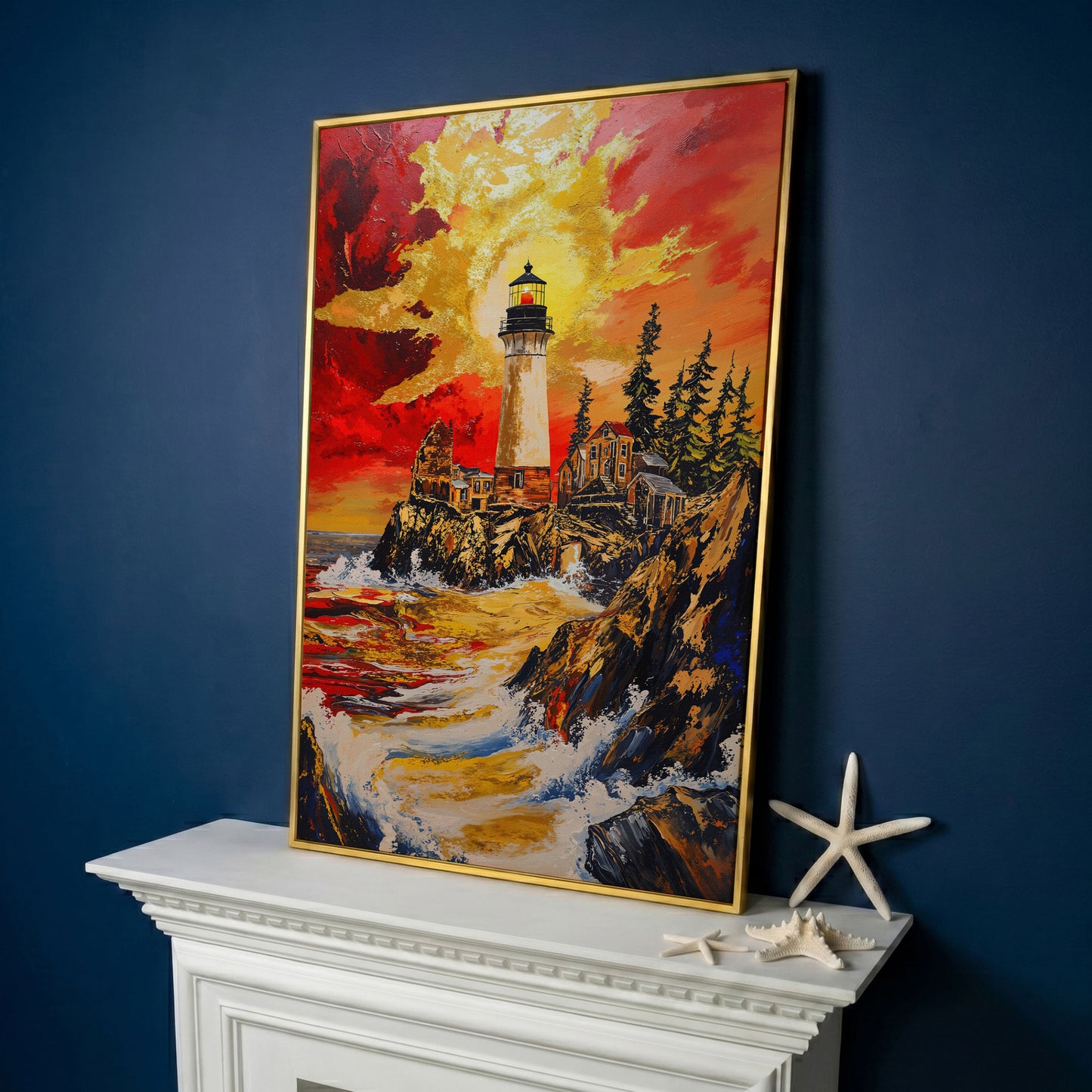 Lighthouse on Rocky Cliffs at Sunset. Ocean Canvas Wall Art in yellow gold floating frame