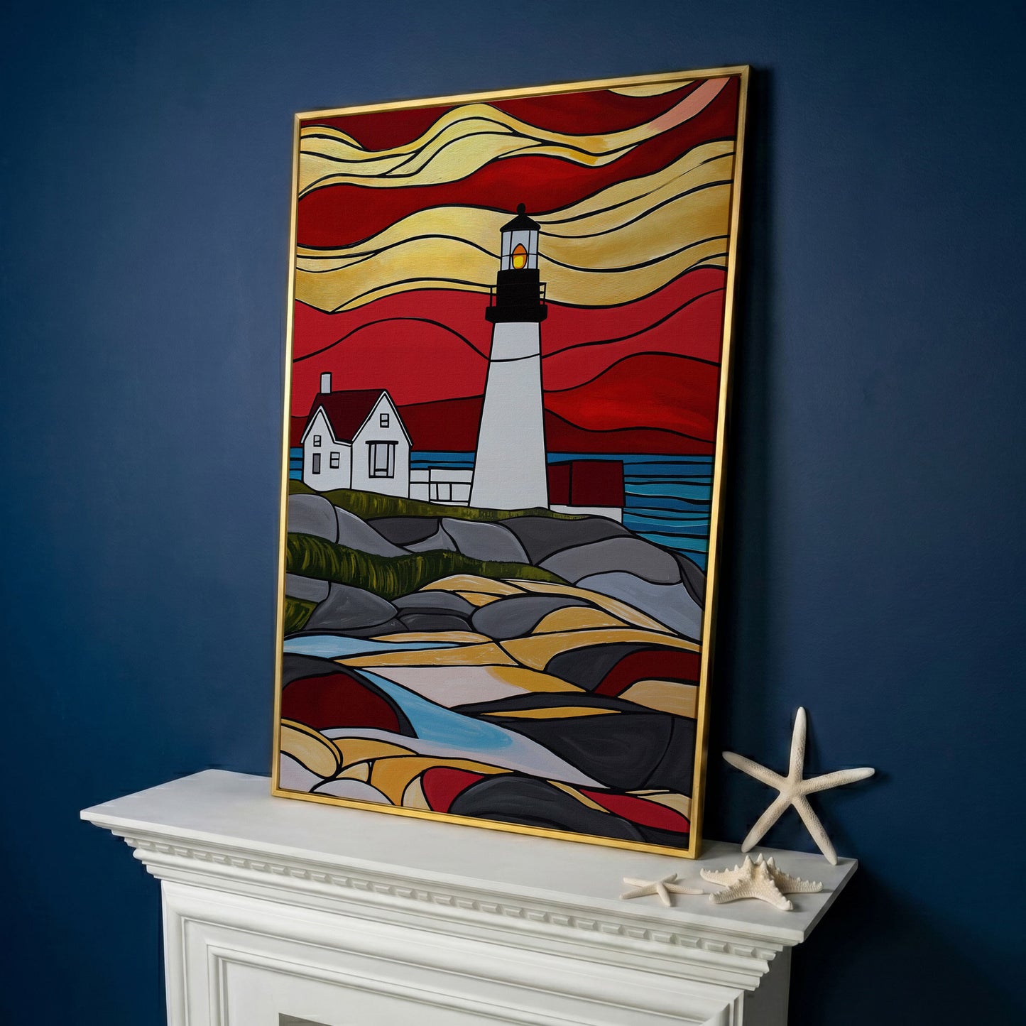 Lighthouse on Rocky Coast Canvas Art, Stylized Seascape in yellow gold floating frame