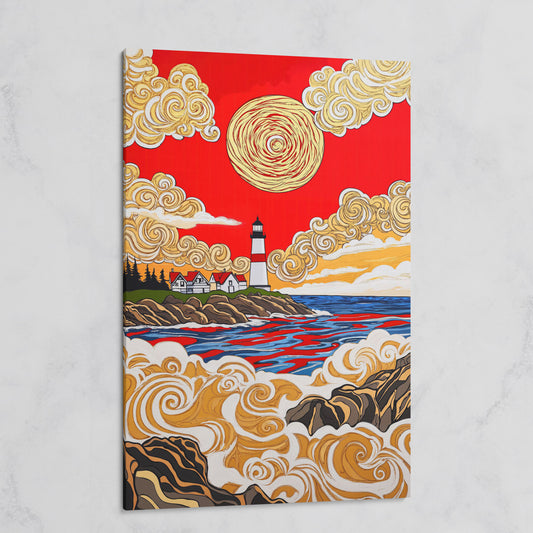 Lighthouse Coast Canvas Art, Vivid Sky and Ocean Rocks Portrait on gallery wrap