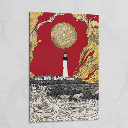 Lighthouse at Dusk: Red Sky and Golden Orb Canvas Art on gallery wrap