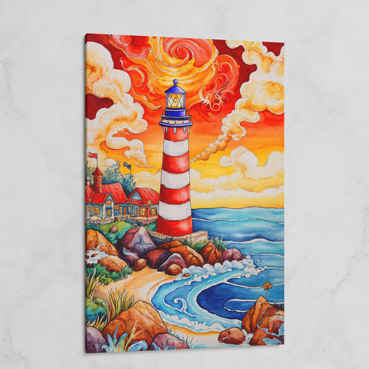 Lighthouse at Sunset, Rocky Coast Canvas Wall Art on gallery wrap