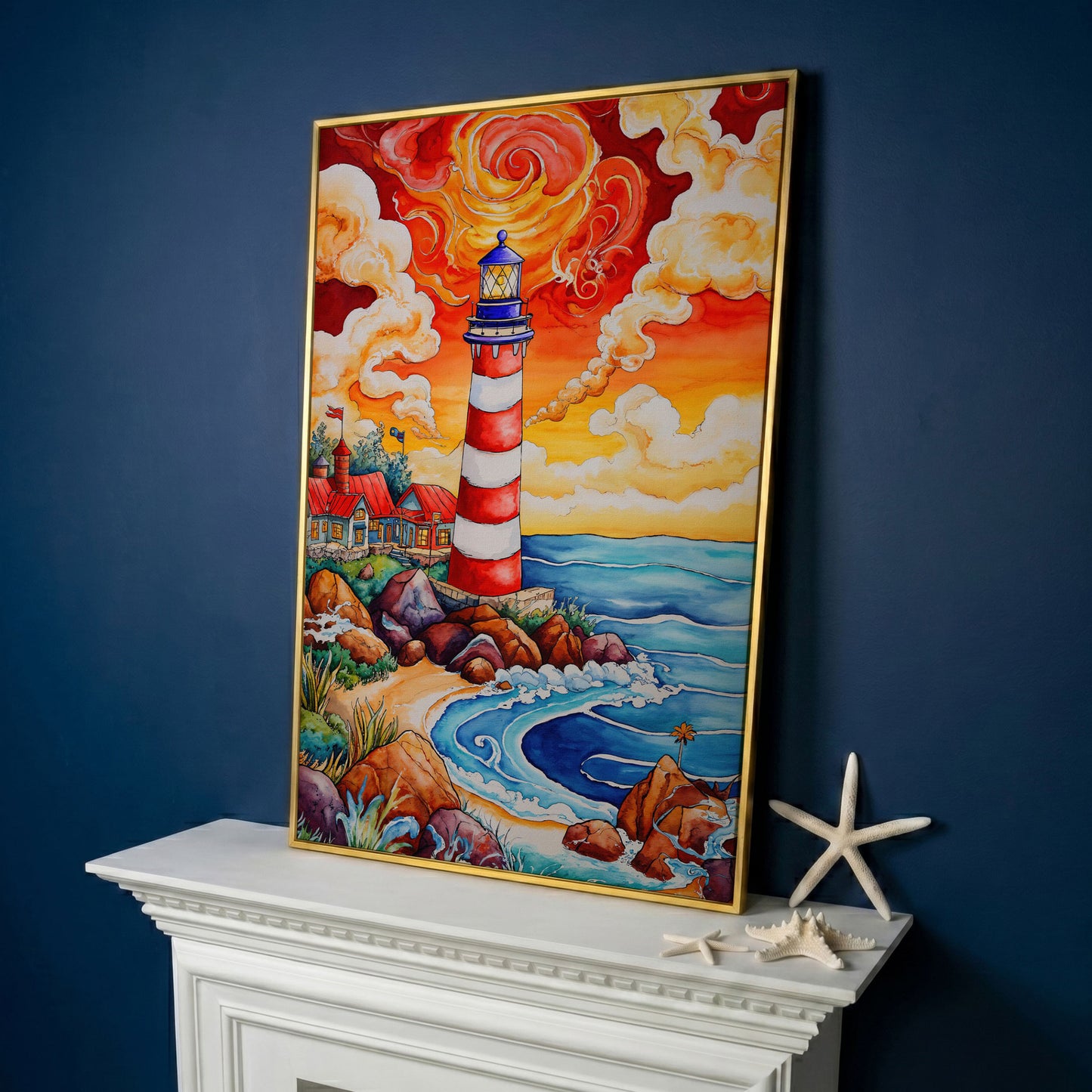 Lighthouse at Sunset, Rocky Coast Canvas Wall Art in yellow gold floating frame
