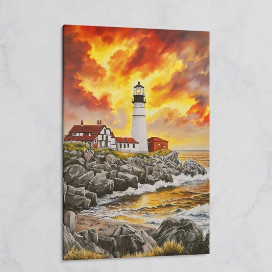 Rocky Coastline Lighthouse at Sunset Canvas Wall Art on gallery wrap