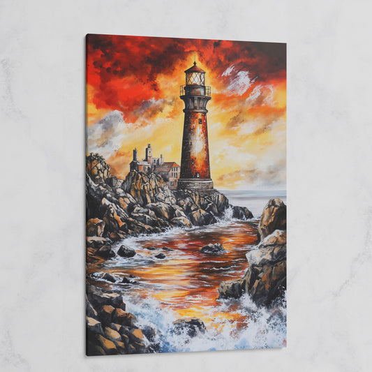 Lighthouse at Sunset, Rocky Coastline Canvas Wall Art on gallery wrap