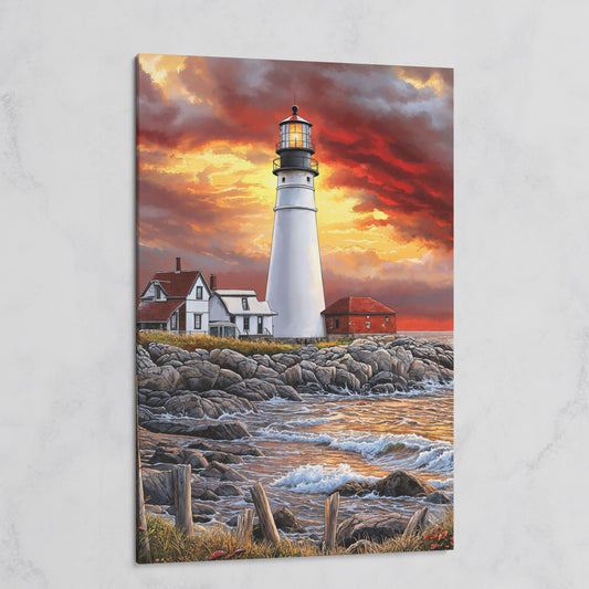 White Lighthouse on Rocky Shore at Sunset. Canvas Wall Art on gallery wrap