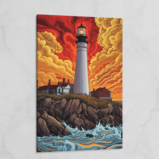 Lighthouse at Sunset on a Rocky Coast Canvas Wall Art on gallery wrap