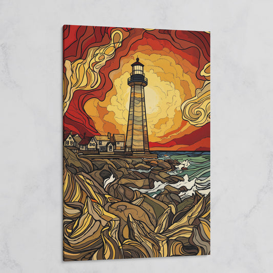 Lighthouse at Sunset Canvas Print, Rocky Shore Ocean Wall Art on gallery wrap
