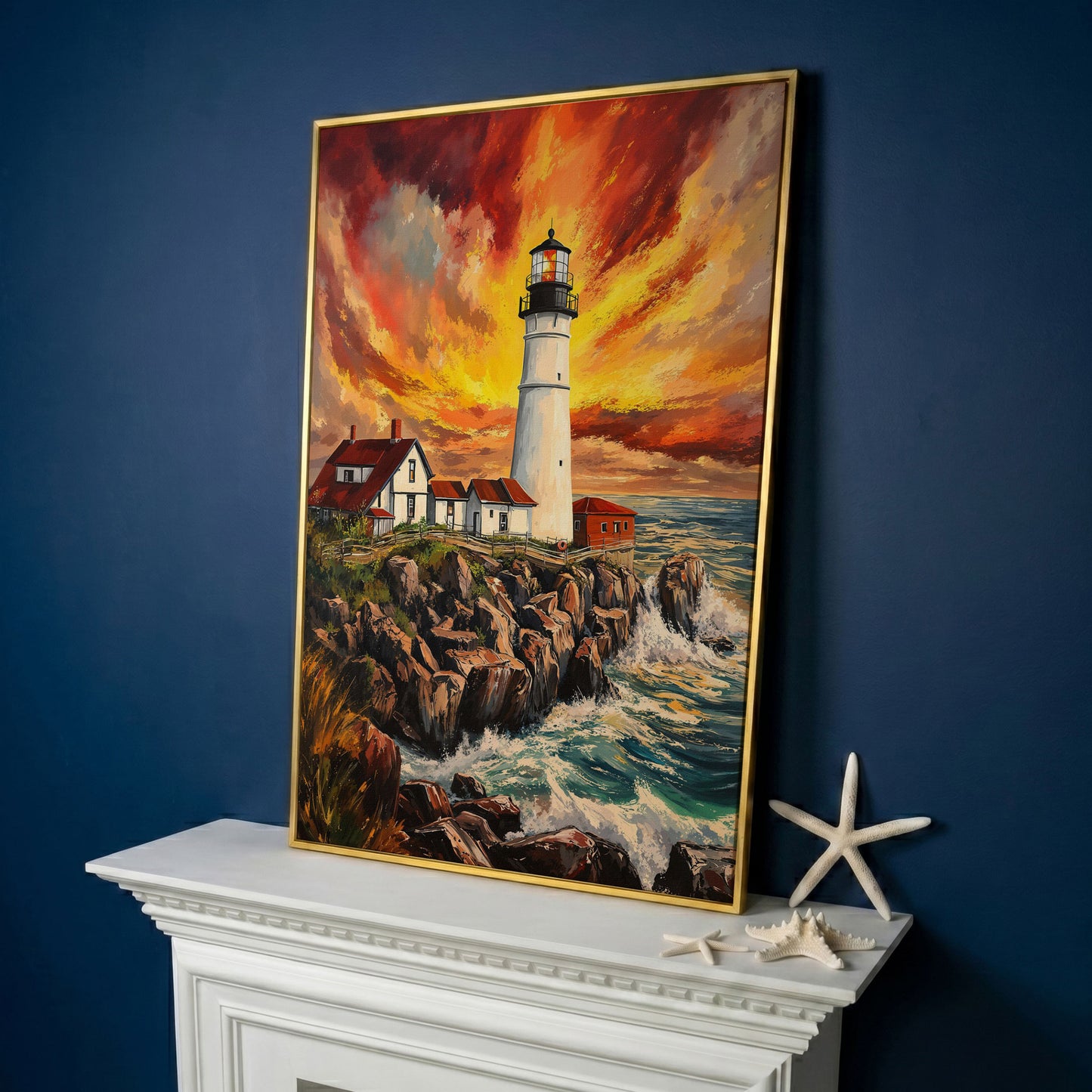 Lighthouse on the Rocks. Dramatic Coastal Canvas Wall Art in yellow gold floating frame