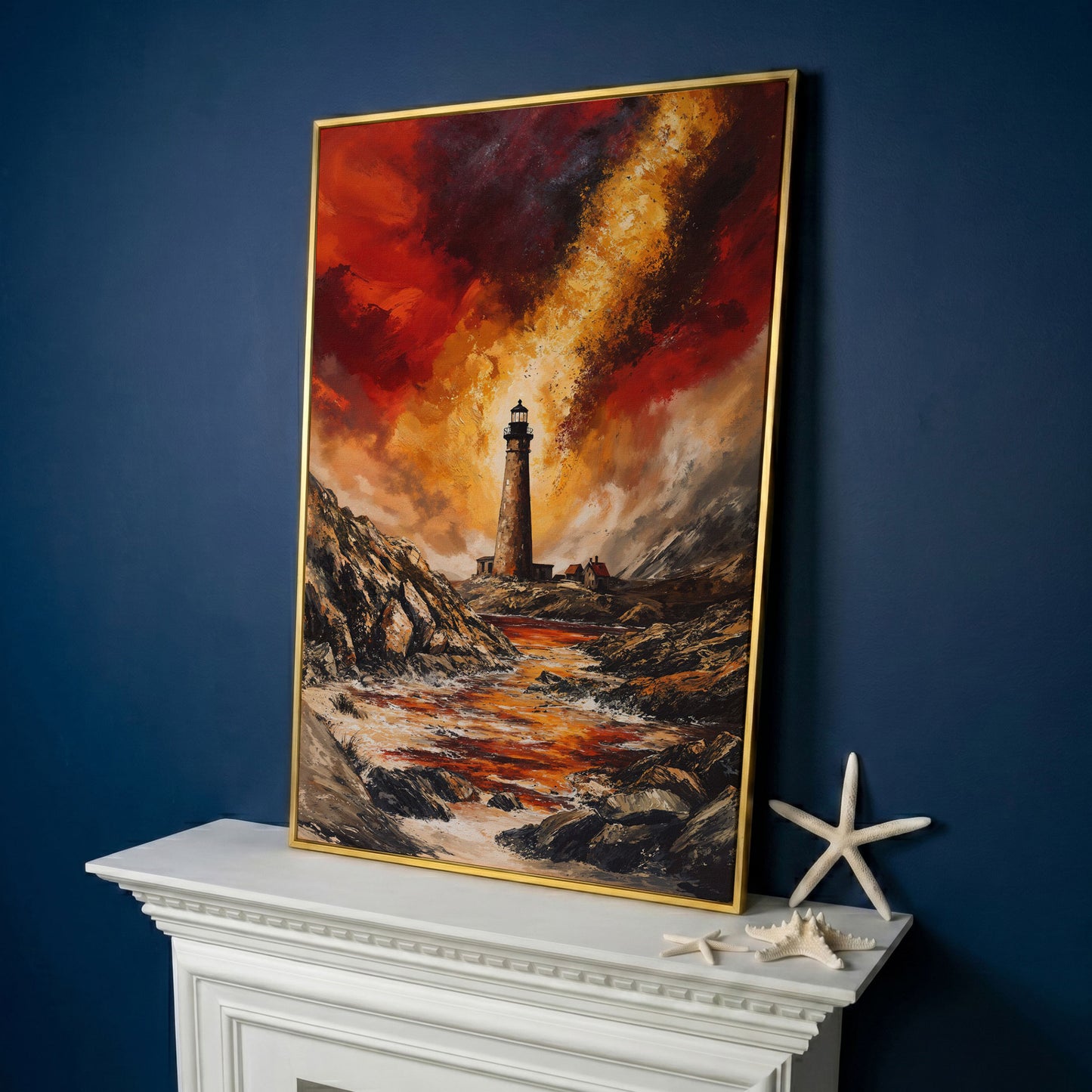 Stormy Lighthouse Seascape Canvas Art, Portrait Wall Print in yellow gold floating frame