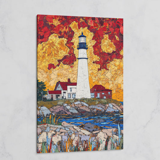 Lighthouse on Rocky Coast Canvas Art with Dramatic Sky on gallery wrap