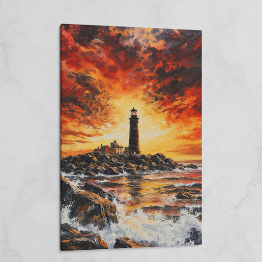 Lighthouse at Dusk Canvas Print, Turbulent Ocean Sky Art on gallery wrap