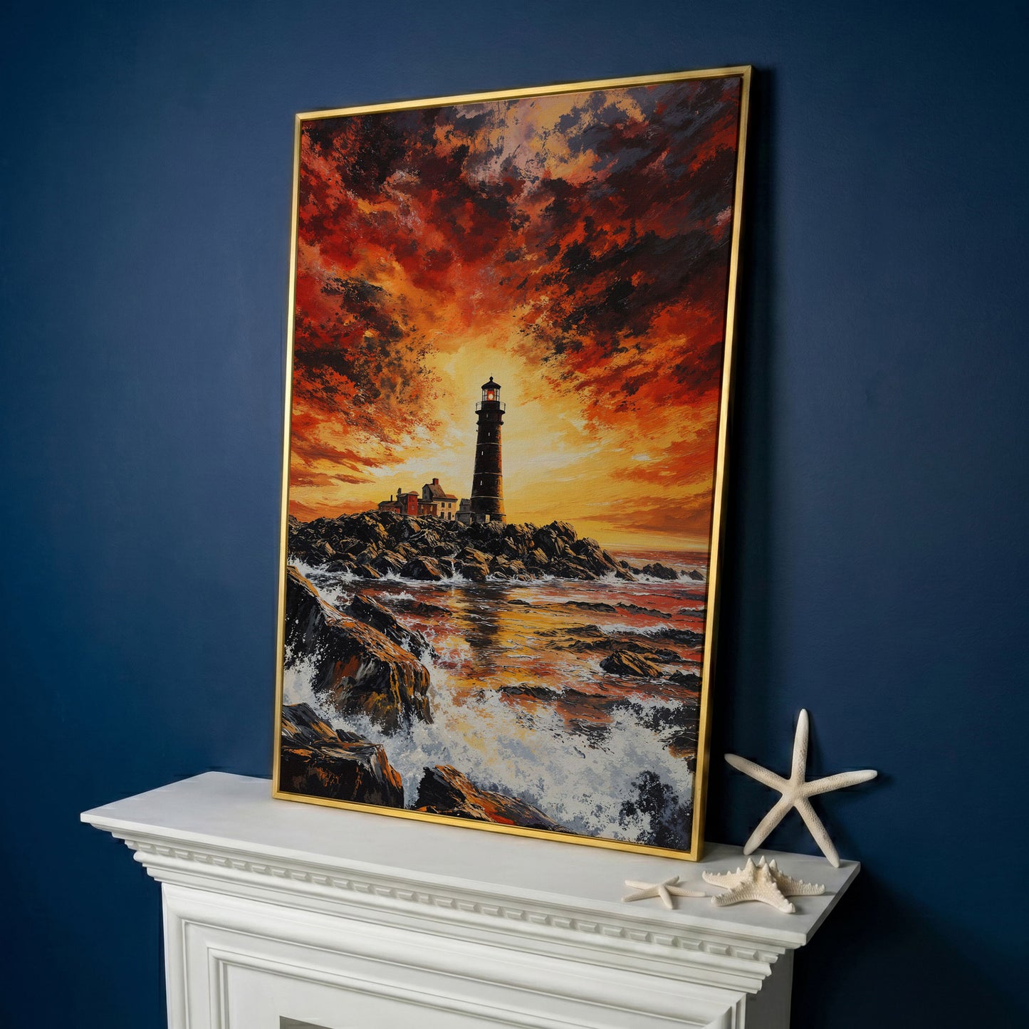 Lighthouse at Dusk Canvas Print, Turbulent Ocean Sky Art in yellow gold floating frame